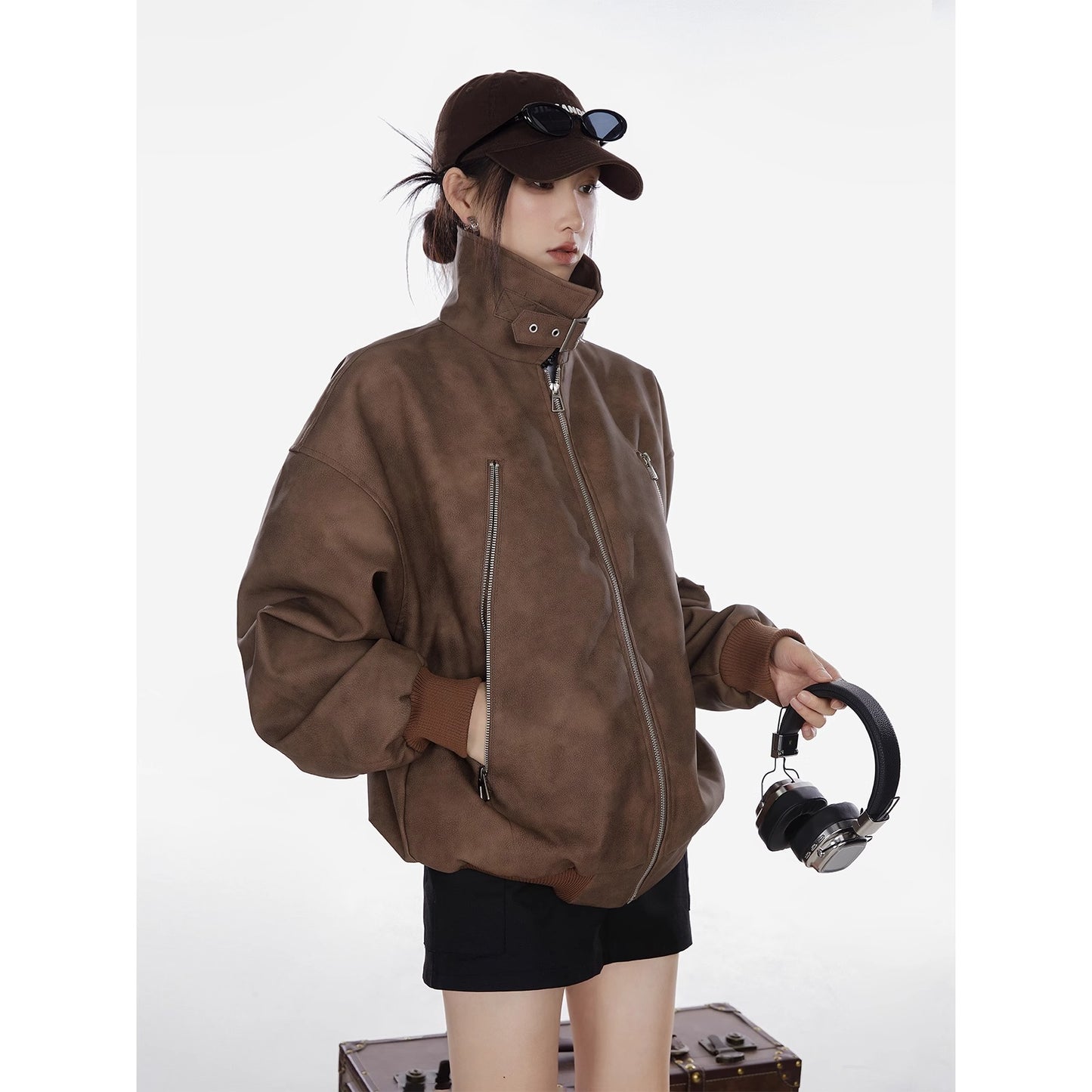 American Retro High Street distressed design stand collar coat for women Spring and Autumn New loose trendy versatile jacket top