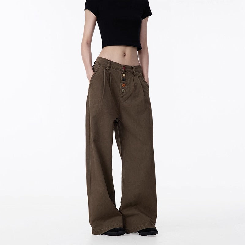 Summer new American style distressed design button workwear casual pants women's loose straight ruffle handsome wide-leg pants