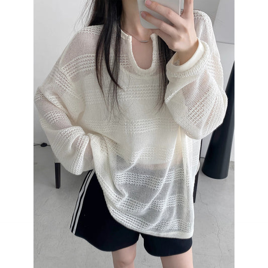 2025 summer new American sun protection clothing cutout blouse women's loose and lazy style design long sleeve T-shirt top