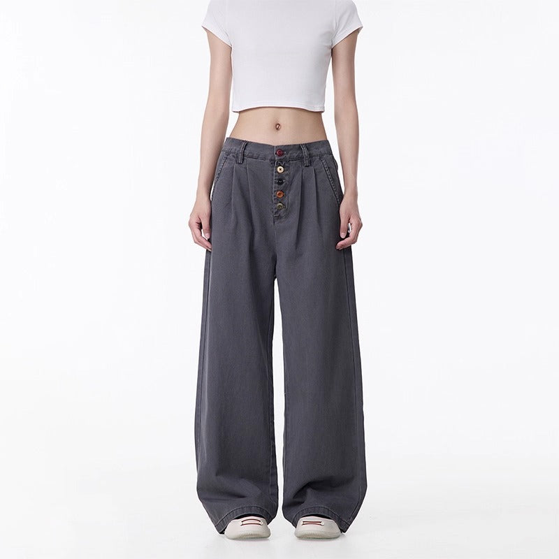 Summer new American style distressed design button workwear casual pants women's loose straight ruffle handsome wide-leg pants
