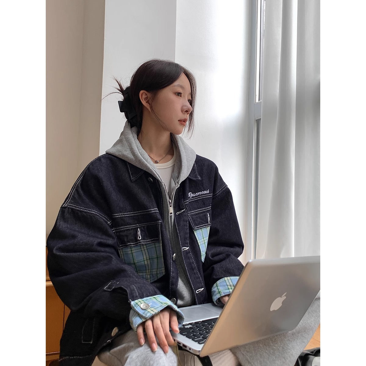 American plaid pocket patchwork denim jacket women's 2024 Spring and Autumn New loose leisure workwear jacket top