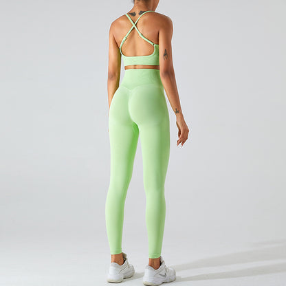 European and American new seamless yoga clothes suit women's cross beauty back exercise underwear Peach Hip Lift quick-drying yoga pants