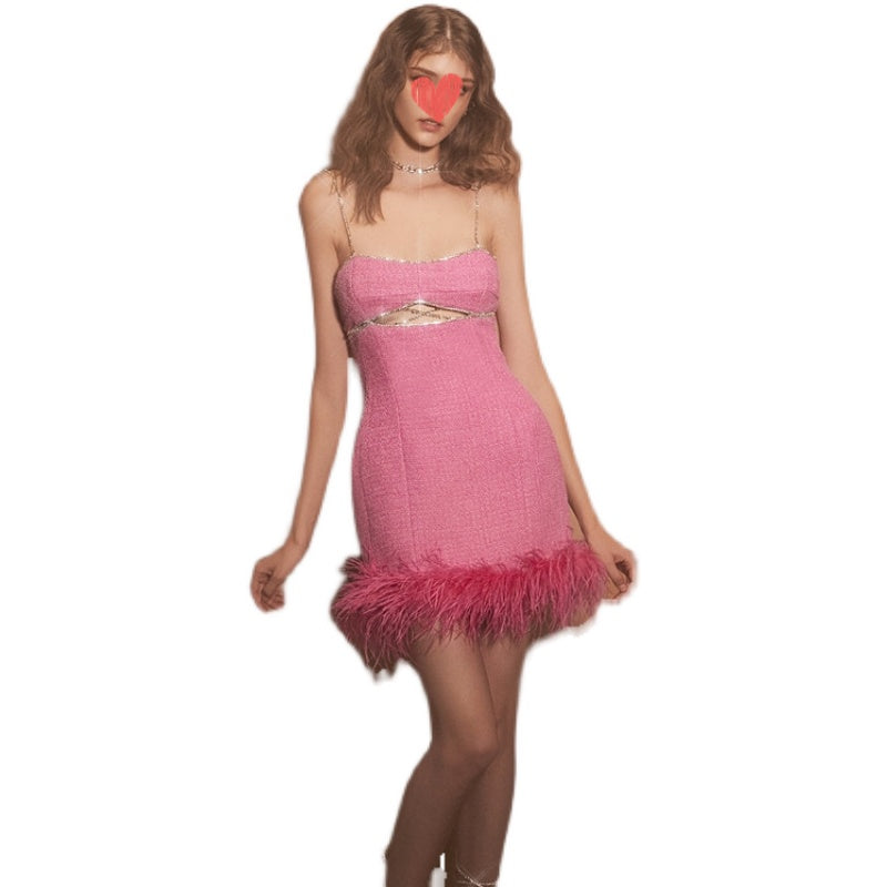 Fancy Elegant Socialite Diamond Decorations Barbie Pink Tweed Feather Sexy Suspender Dress Birthday Party Dress