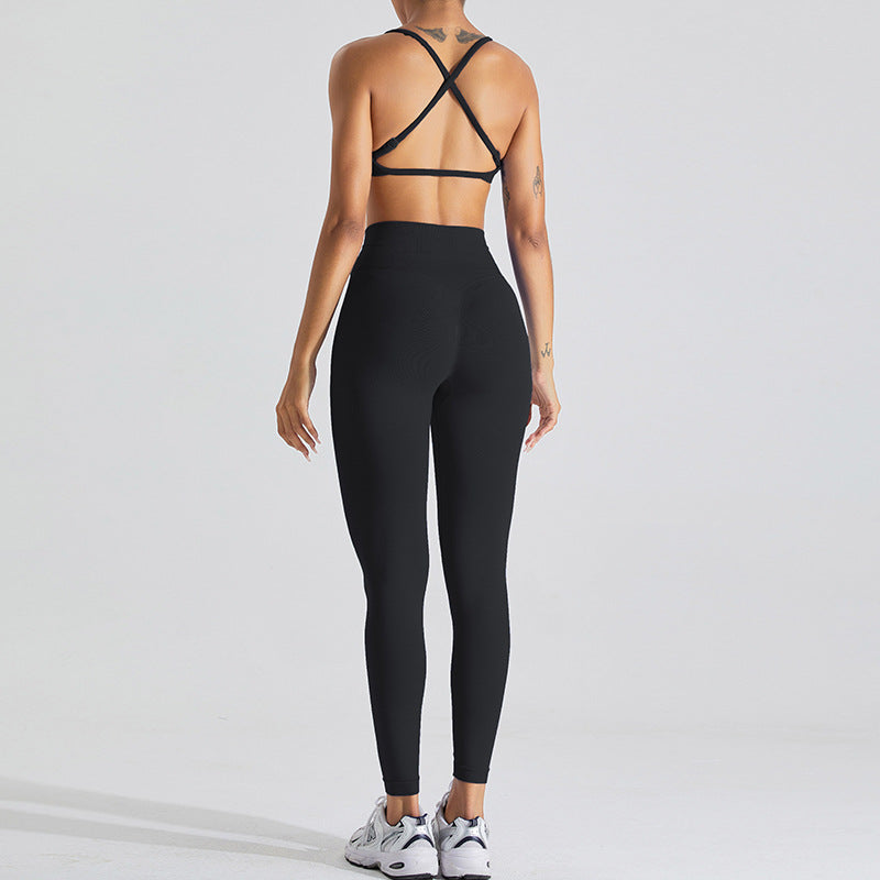 European and American seamless beauty back yoga clothes suit women's outdoor running skinny yoga pants quick-drying sports fitness clothes suit