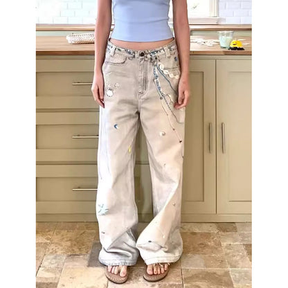 High street retro splash-ink design worn jeans female 2025 summer new dirty dyed straight slim-fit wide-leg pants