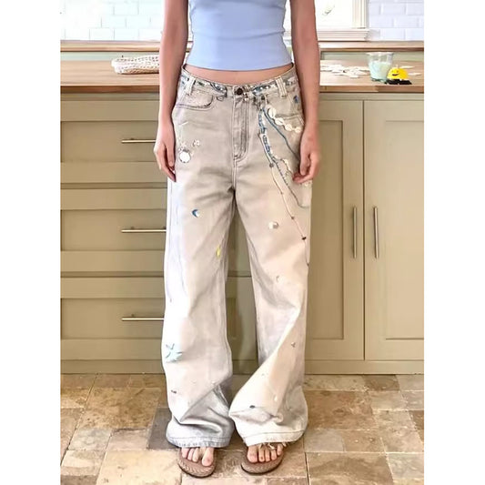 High street retro splash-ink design worn jeans female 2025 summer new dirty dyed straight slim-fit wide-leg pants
