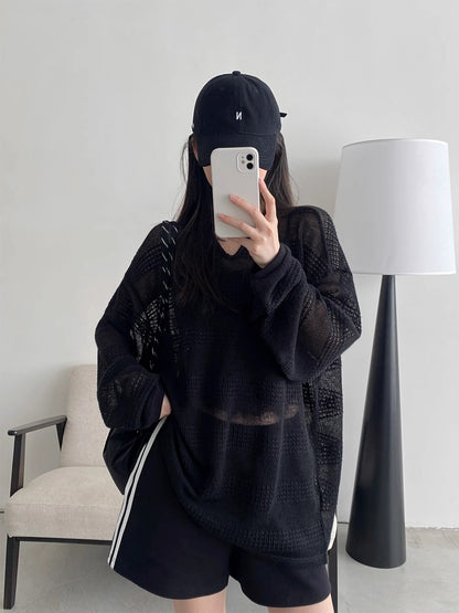 2025 summer new American sun protection clothing cutout blouse women's loose and lazy style design long sleeve T-shirt top