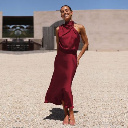 Amazon women's clothing dress 2024 popular celebrity wedding bridesmaid dress mid-length dress halter satin evening dress