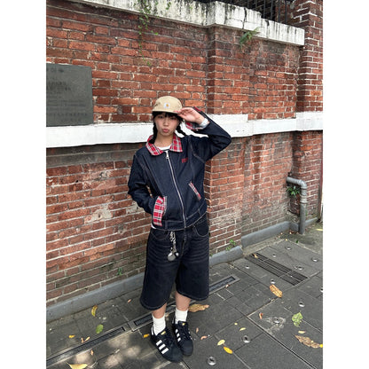 American retro plaid stitching Denim short coat for women Spring and Autumn new small tooling shoulder polo collar jacket