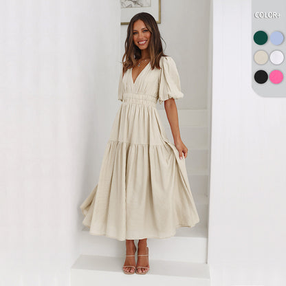 Amazon new dress high-grade long dress ruffled lantern sleeves V-neck holiday beach dress foreign trade women's clothing