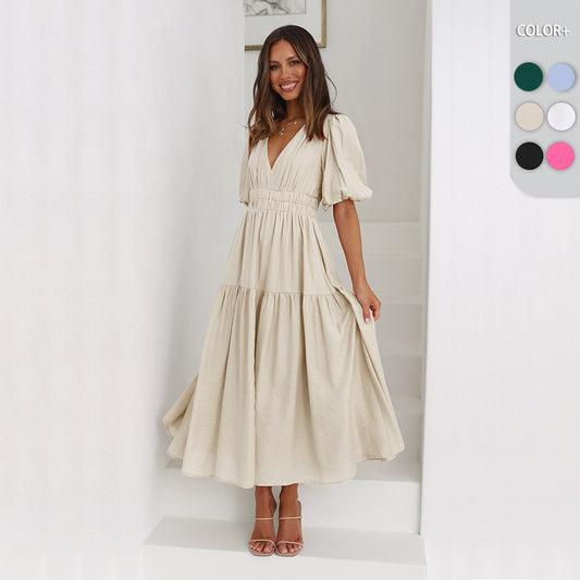 Amazon new dress high-grade long dress ruffled lantern sleeves V-neck holiday beach dress foreign trade women's clothing