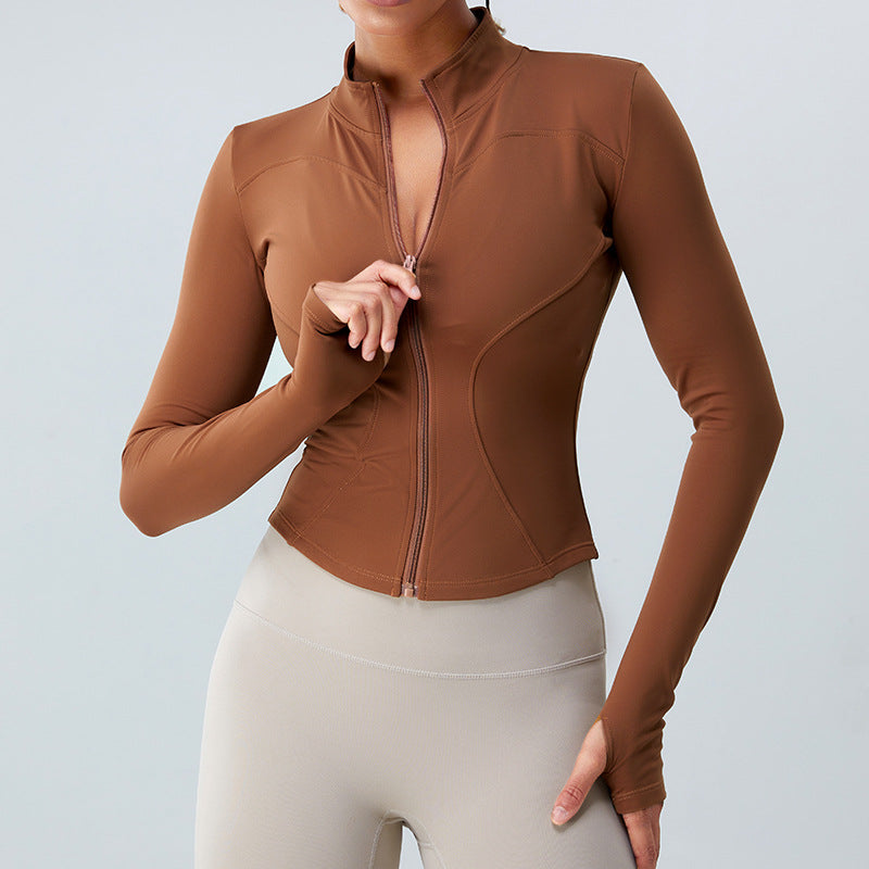 European and American autumn winter thermal velvet long-sleeved yoga jacket women's outdoor sports zipper yoga clothes Slim workout top