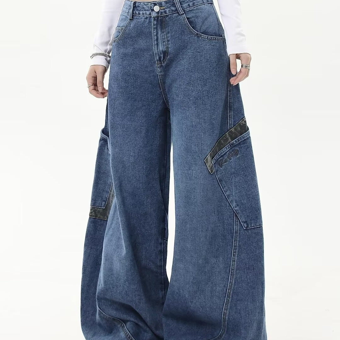 2024 spring and autumn American vintage leopard print stitching large workwear with pocket jeans men and women wide leg banana Matchet pants