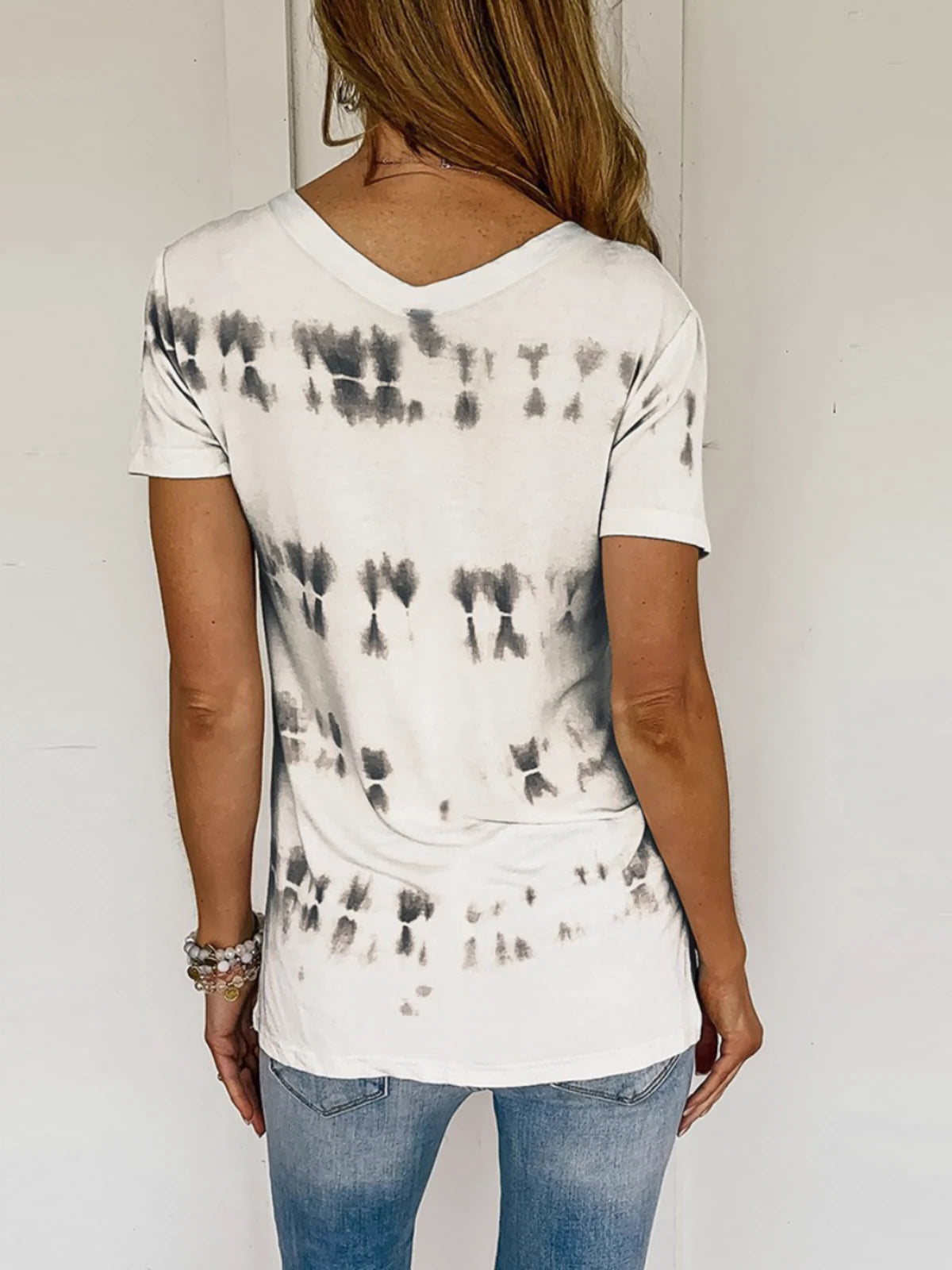 European and American Tie-Dye Slim-Fit V-neck Pullover Print Short-Sleeve T-shirt