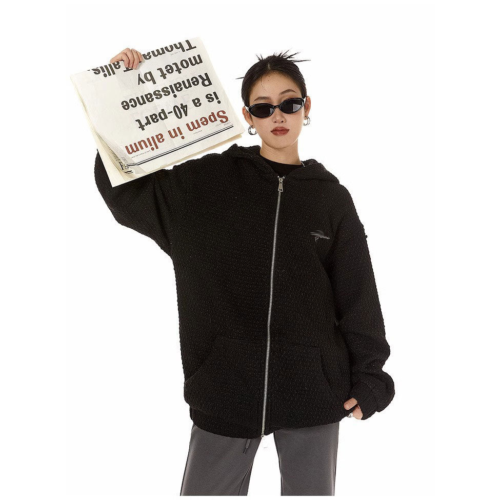 High-grade woven texture design sense sweater cardigan Women's American style 2024 hooded coat women's spring and autumn coat fashion