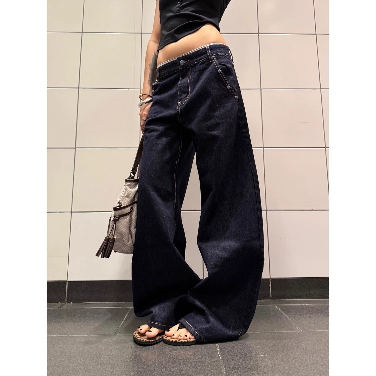 Summer new American Retro denim primary color turquoise machete jeans for women A- line straight wide-leg pants