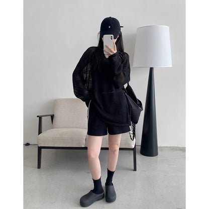 2025 summer new American sun protection clothing cutout blouse women's loose and lazy style design long sleeve T-shirt top