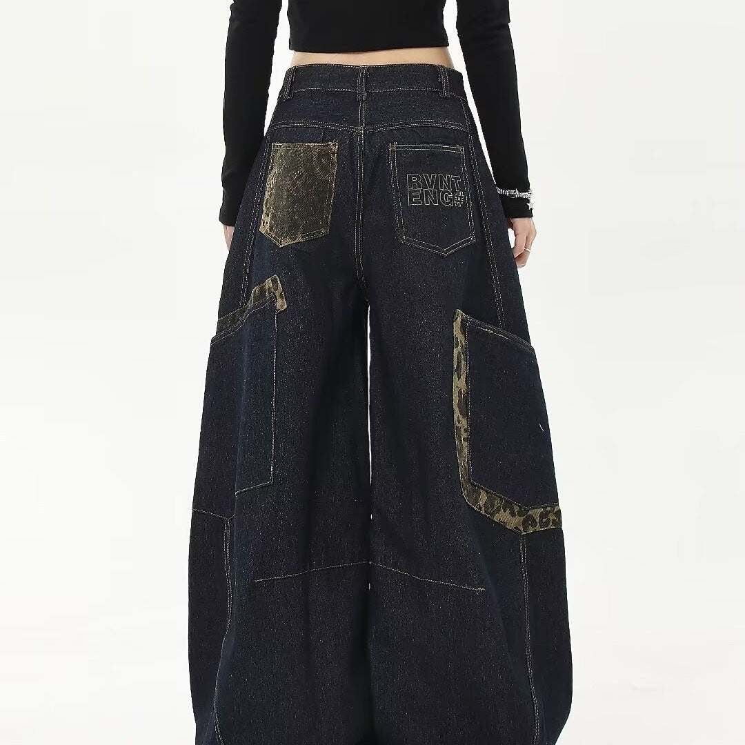 2024 spring and autumn American vintage leopard print stitching large workwear with pocket jeans men and women wide leg banana Matchet pants