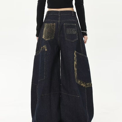 2024 spring and autumn American vintage leopard print stitching large workwear with pocket jeans men and women wide leg banana Matchet pants
