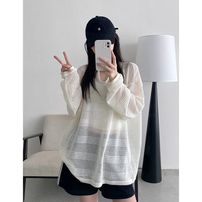 2025 summer new American sun protection clothing cutout blouse women's loose and lazy style design long sleeve T-shirt top