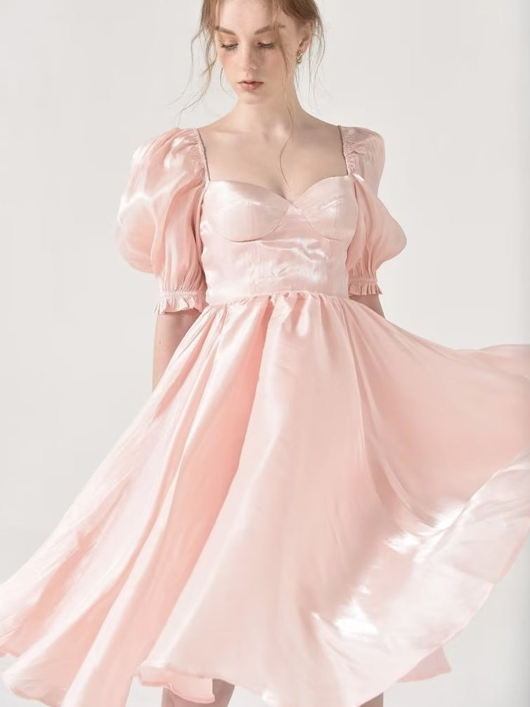 Sweet Fairy Escape Princess Glossy Barbie Pink High Waist Slimming Puff Sleeve Large Skirt Mid Length Long Length Dress