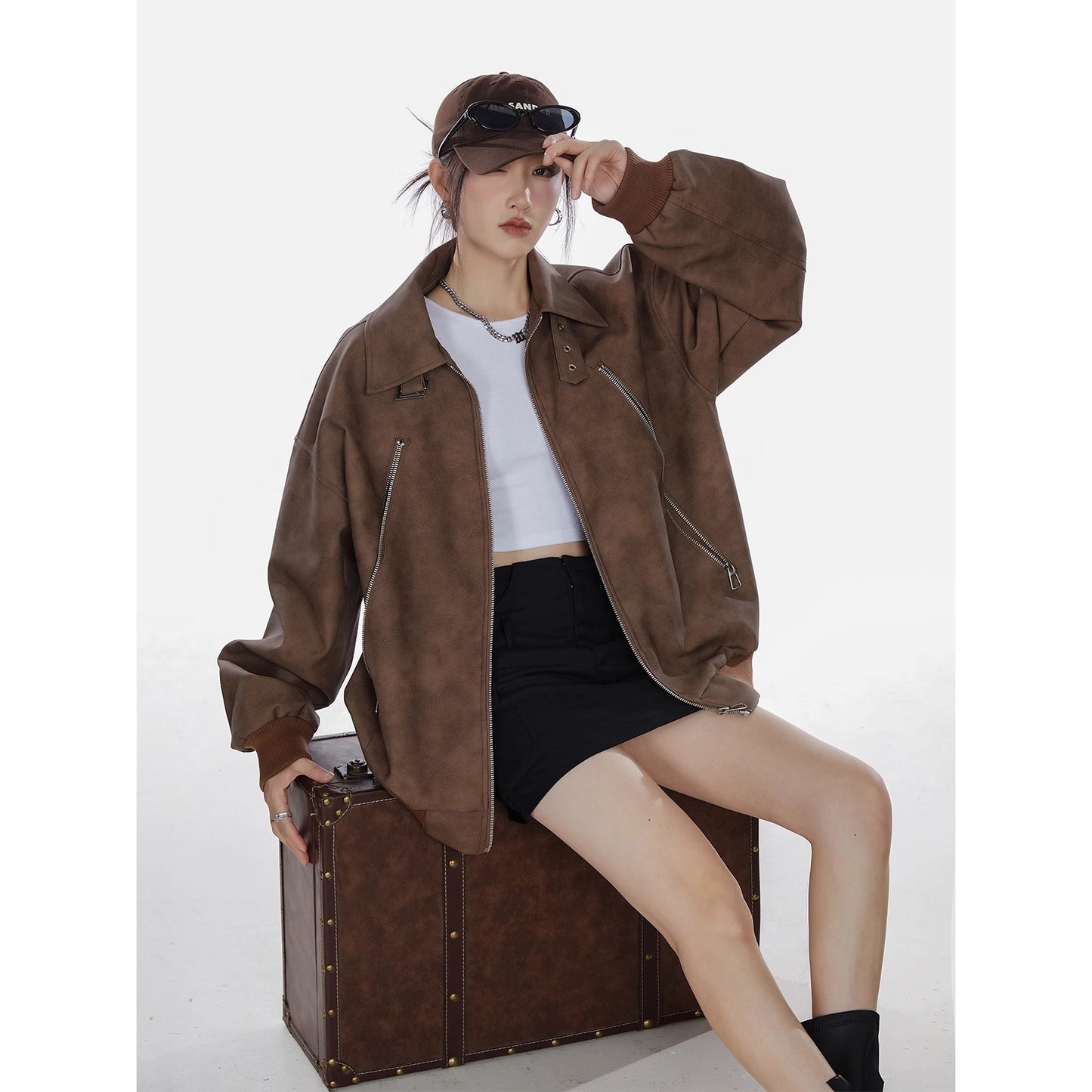 American Retro High Street distressed design stand collar coat for women Spring and Autumn New loose trendy versatile jacket top