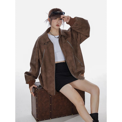 American Retro High Street distressed design stand collar coat for women Spring and Autumn New loose trendy versatile jacket top