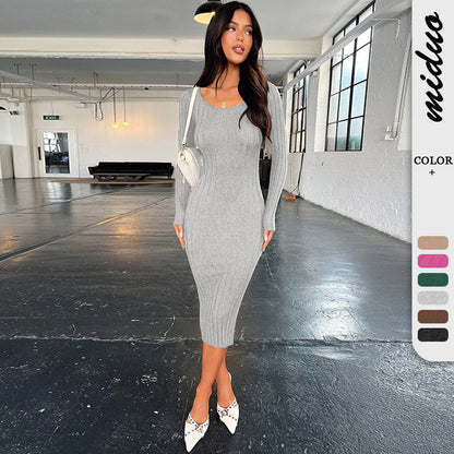 wish fashion best-seller round neck solid color slim-fit sheath dress temperament sexy all-matching waist-controlled long sleeves dress women