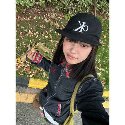 American retro plaid stitching Denim short coat for women Spring and Autumn new small tooling shoulder polo collar jacket