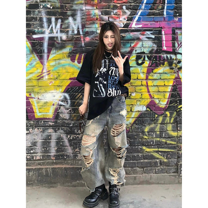 Waste soil style ripped jeans women's summer American retro blue High Street straight loose distressed wide-leg pants tide