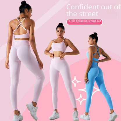 European and American new seamless yoga clothes suit women's cross beauty back exercise underwear Peach Hip Lift quick-drying yoga pants