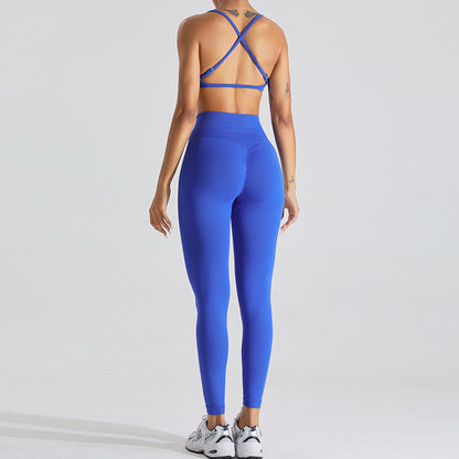 European and American seamless beauty back yoga clothes suit women's outdoor running skinny yoga pants quick-drying sports fitness clothes suit