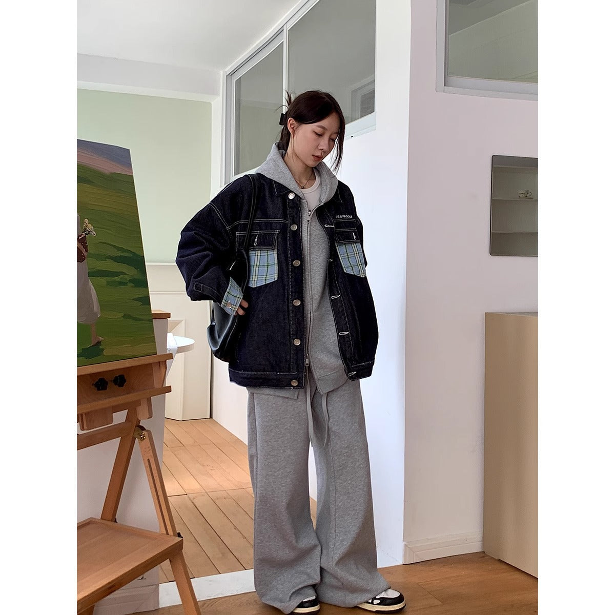 American plaid pocket patchwork denim jacket women's 2024 Spring and Autumn New loose leisure workwear jacket top