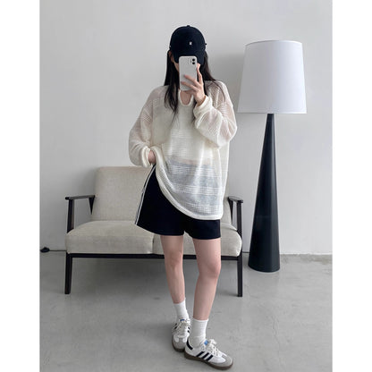 2025 summer new American sun protection clothing cutout blouse women's loose and lazy style design long sleeve T-shirt top