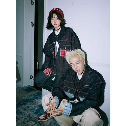 Japanese style line color-contrast check pocket patchwork denim jacket women's autumn and winter new fashion brand polo collar jacket top