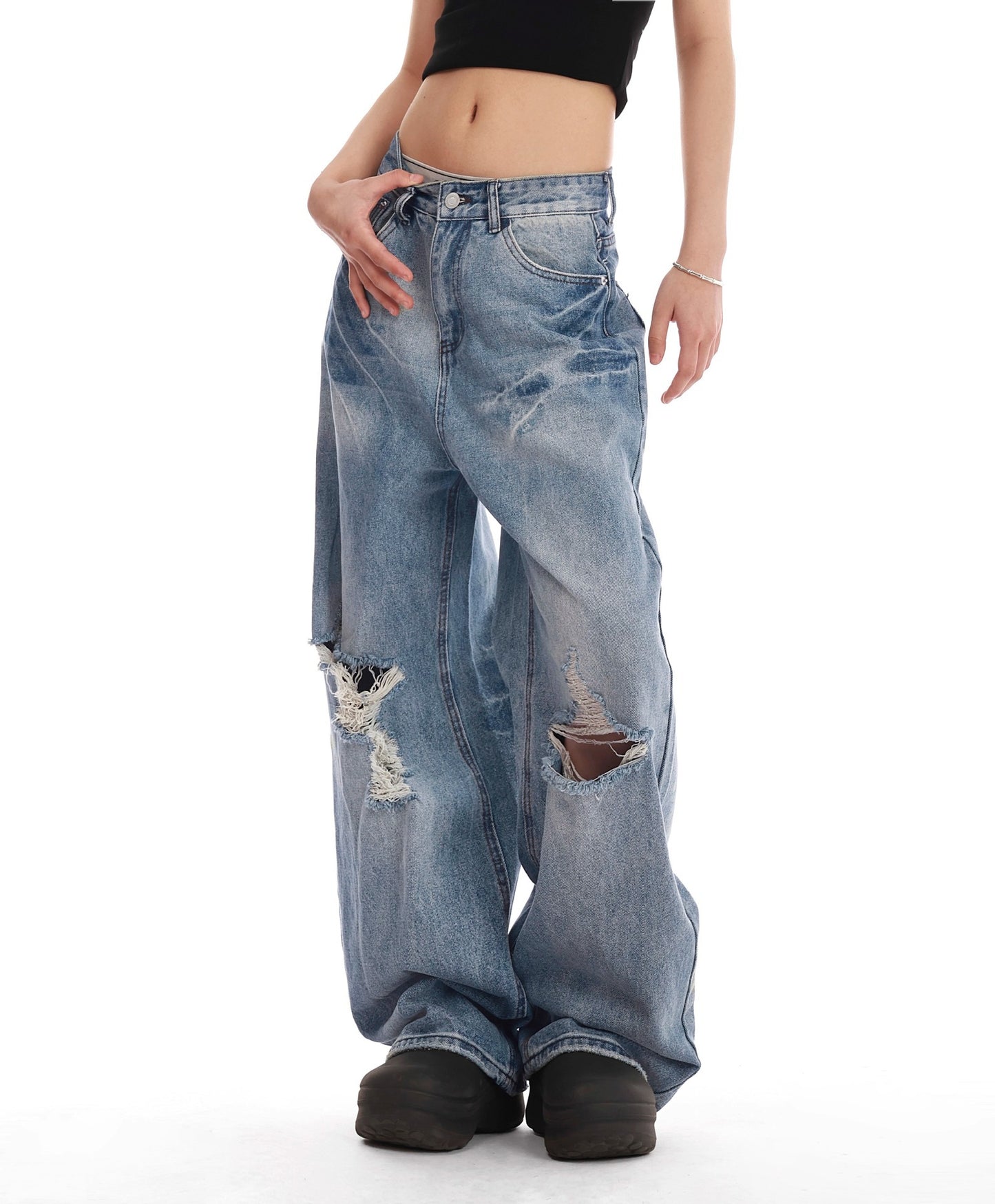 Retro washed distressed embroidered ripped straight jeans women's summer new American wide leg mop pants fashion