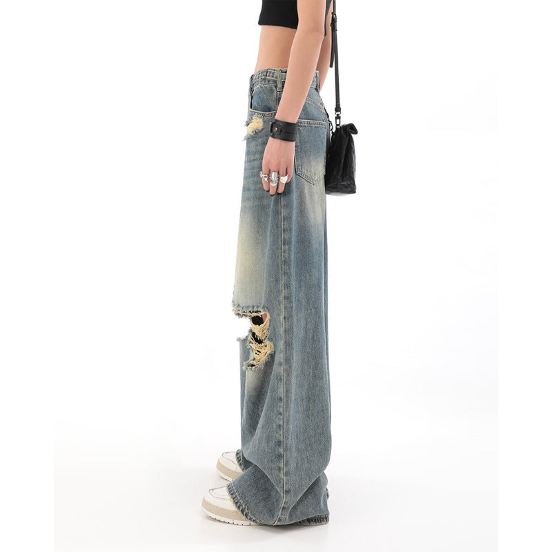 American high street black ripped jeans Women's Spring and Autumn New ins fashion brand straight loose mop wide-leg trousers