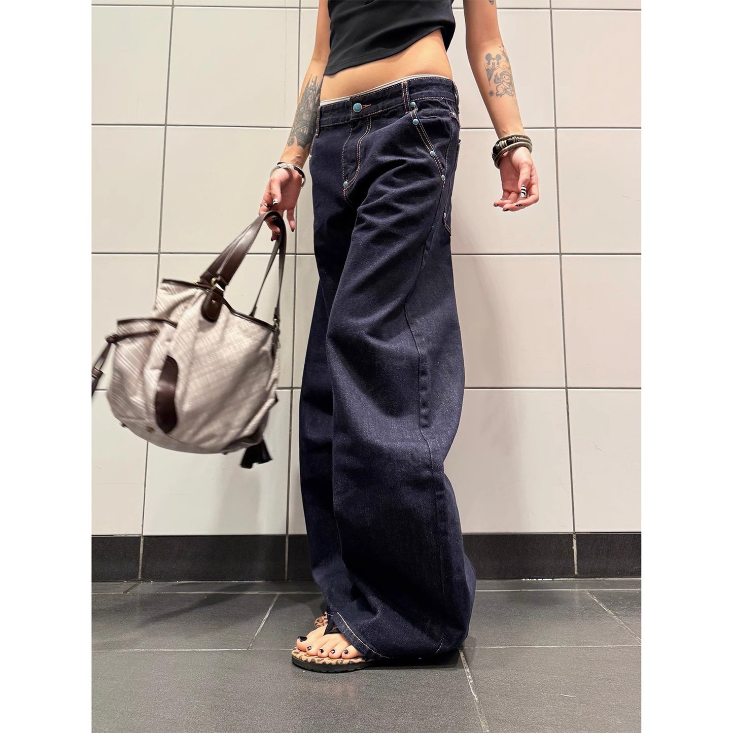 Summer new American Retro denim primary color turquoise machete jeans for women A- line straight wide-leg pants