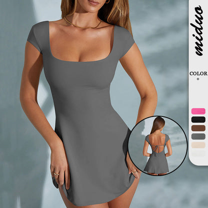 Amazon hot sale y2g elegant square collar match waist trimming lace up sexy backless hot girl High sense summer dress