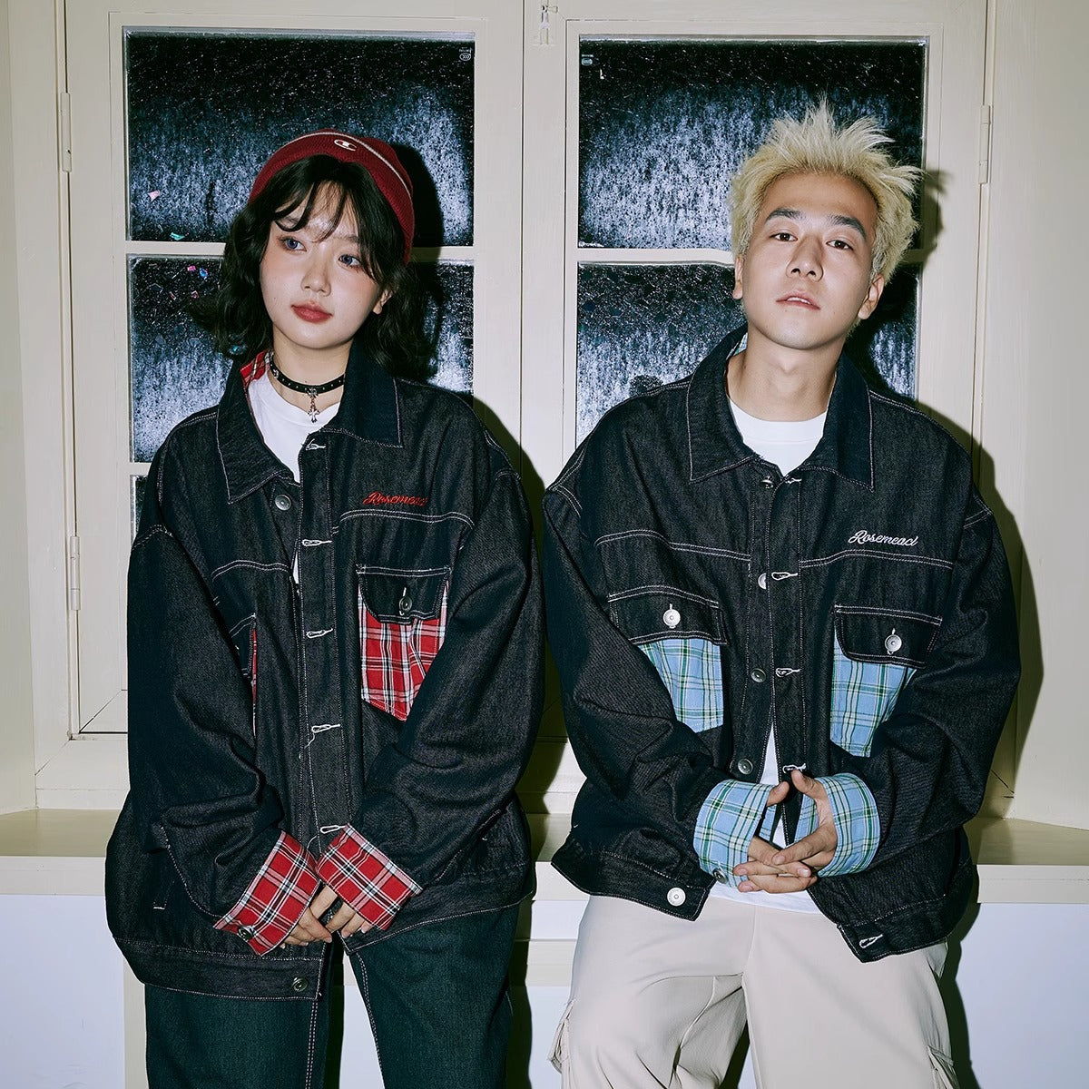 Japanese style line color-contrast check pocket patchwork denim jacket women's autumn and winter new fashion brand polo collar jacket top