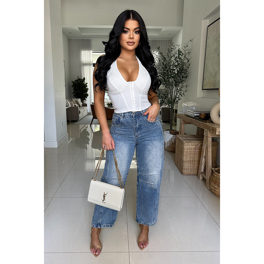 European and American retro fashion brand washed jeans for women 2025 summer New loose trendy all-match wide-leg pants