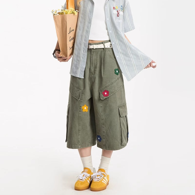 American flower towel embroidery design sense workwear cropped pants women's New straight summer lazy jeans