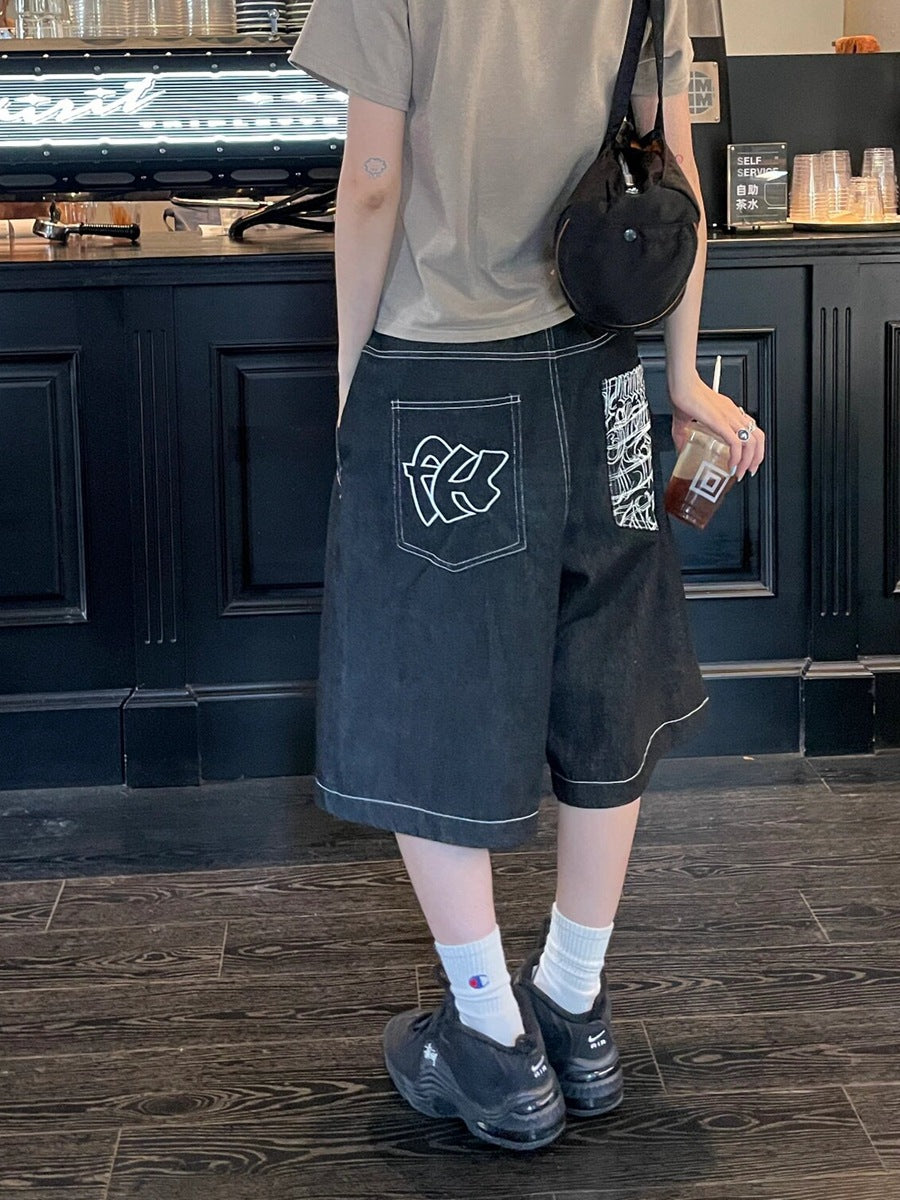 American street vibe vintage embroidered jeans for women 2025 spring and summer New loose wide leg straight cropped pants