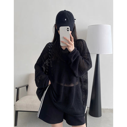 2025 summer new American sun protection clothing cutout blouse women's loose and lazy style design long sleeve T-shirt top