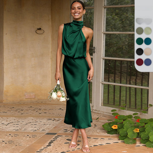 Amazon women's clothing dress 2024 popular celebrity wedding bridesmaid dress mid-length dress halter satin evening dress