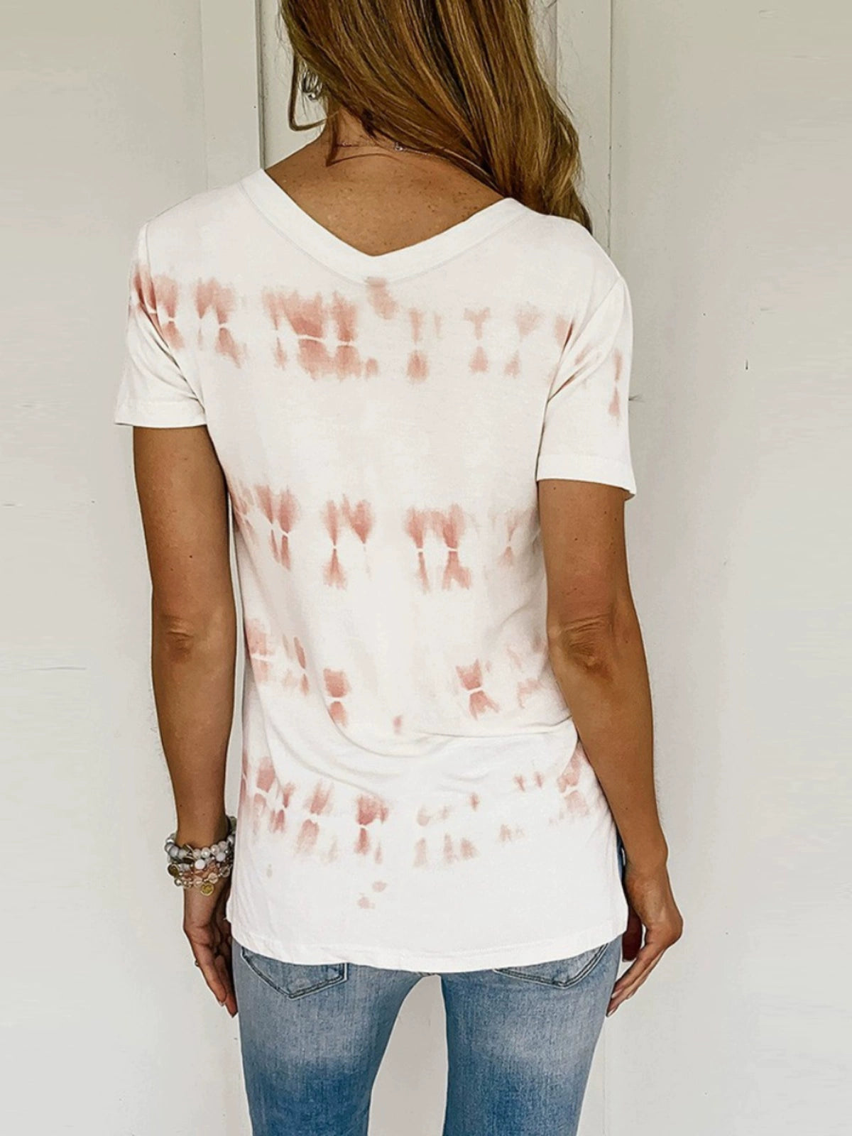 European and American Tie-Dye Slim-Fit V-neck Pullover Print Short-Sleeve T-shirt