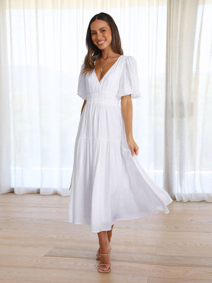 Amazon new dress high-grade long dress ruffled lantern sleeves V-neck holiday beach dress foreign trade women's clothing
