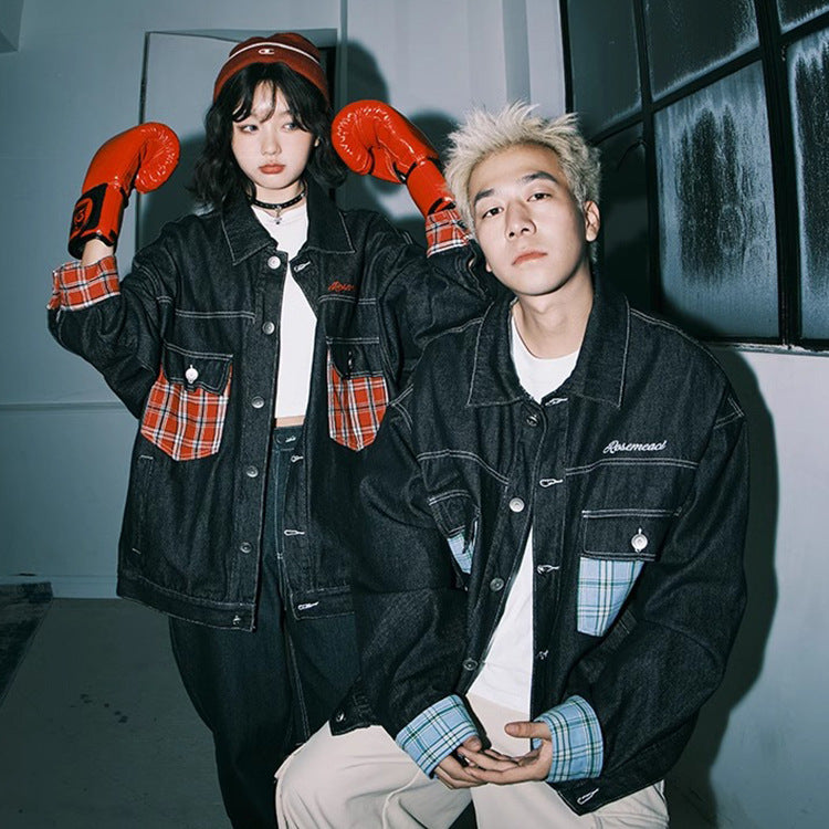 Japanese style line color-contrast check pocket patchwork denim jacket women's autumn and winter new fashion brand polo collar jacket top