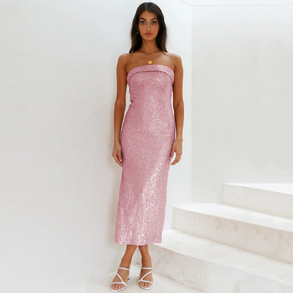 Amazon new European and American tube top beaded dress sequined Sexy Slim fit long dress backless women evening dresses summer