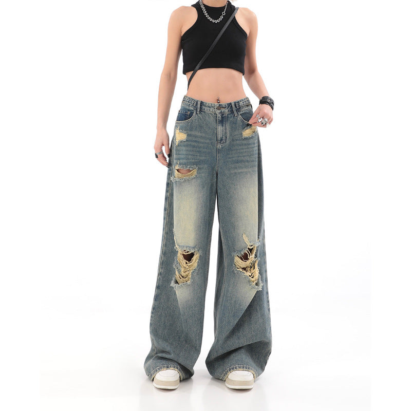 American high street black ripped jeans Women's Spring and Autumn New ins fashion brand straight loose mop wide-leg trousers